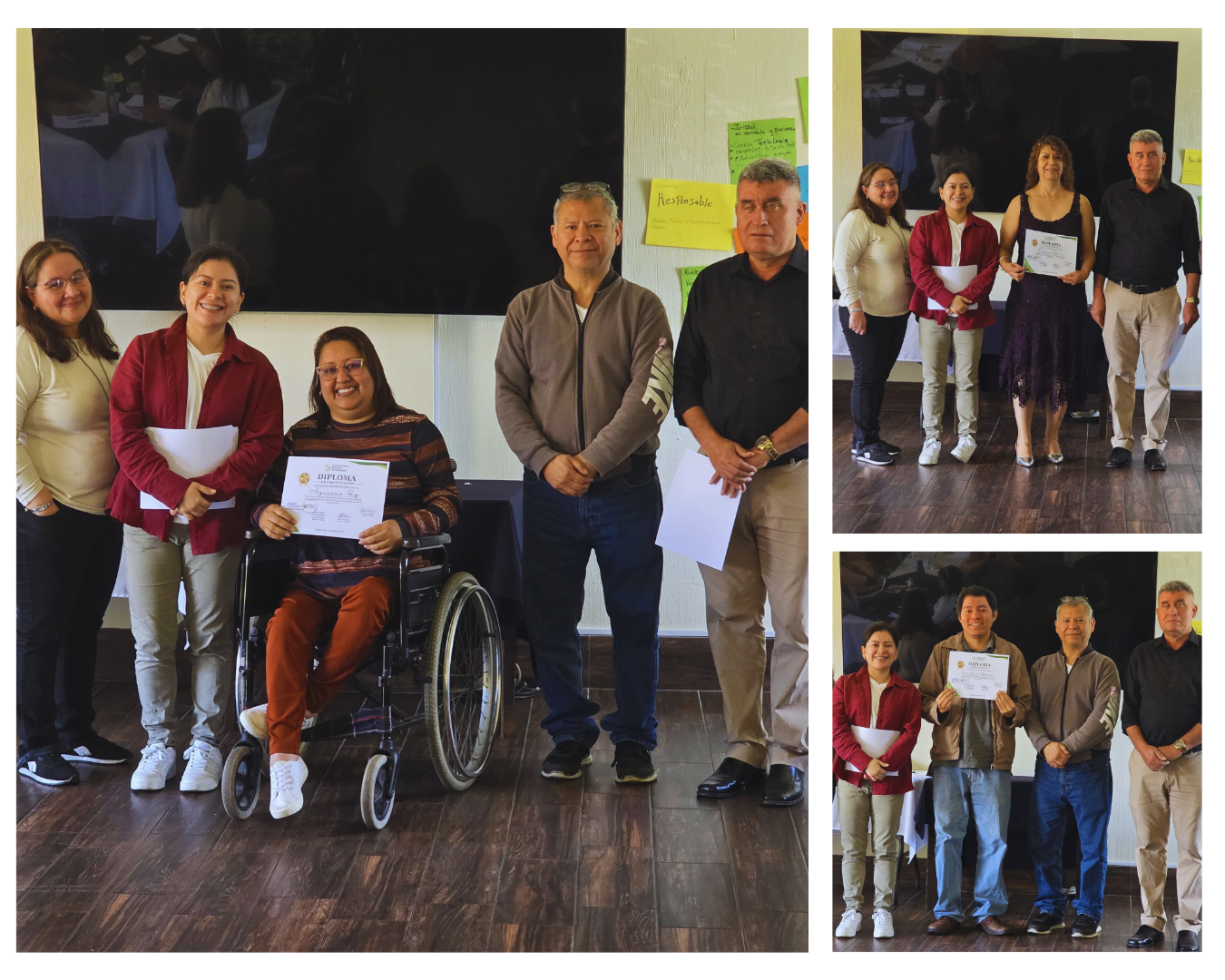 Representantes del Grupo Directivo Julio Bámaca (sector discapacidad auditiva) y Belzar Orellana (sector discapacidad visual) en conjunto con Equipo ADD Guatemala realizaron la entrega de los diplomas de participación a cada socio que concluyó los cinco módulos de las capacitaciones básicas realizadas durante el segundo semestre del 2025. Texto alternativo: Tres fotos muestran grupos de personas posando frente a una pantalla negra. En cada una, alguien sostiene un diploma, acompañado por otras personas que sonríen. Una persona en silla de ruedas aparece en una de las fotos, también con su diploma. En la pared hay notas de colores con palabras como “Responsable”, lo que sugiere que se reconocen cualidades personales. Es un momento de celebración y logro.